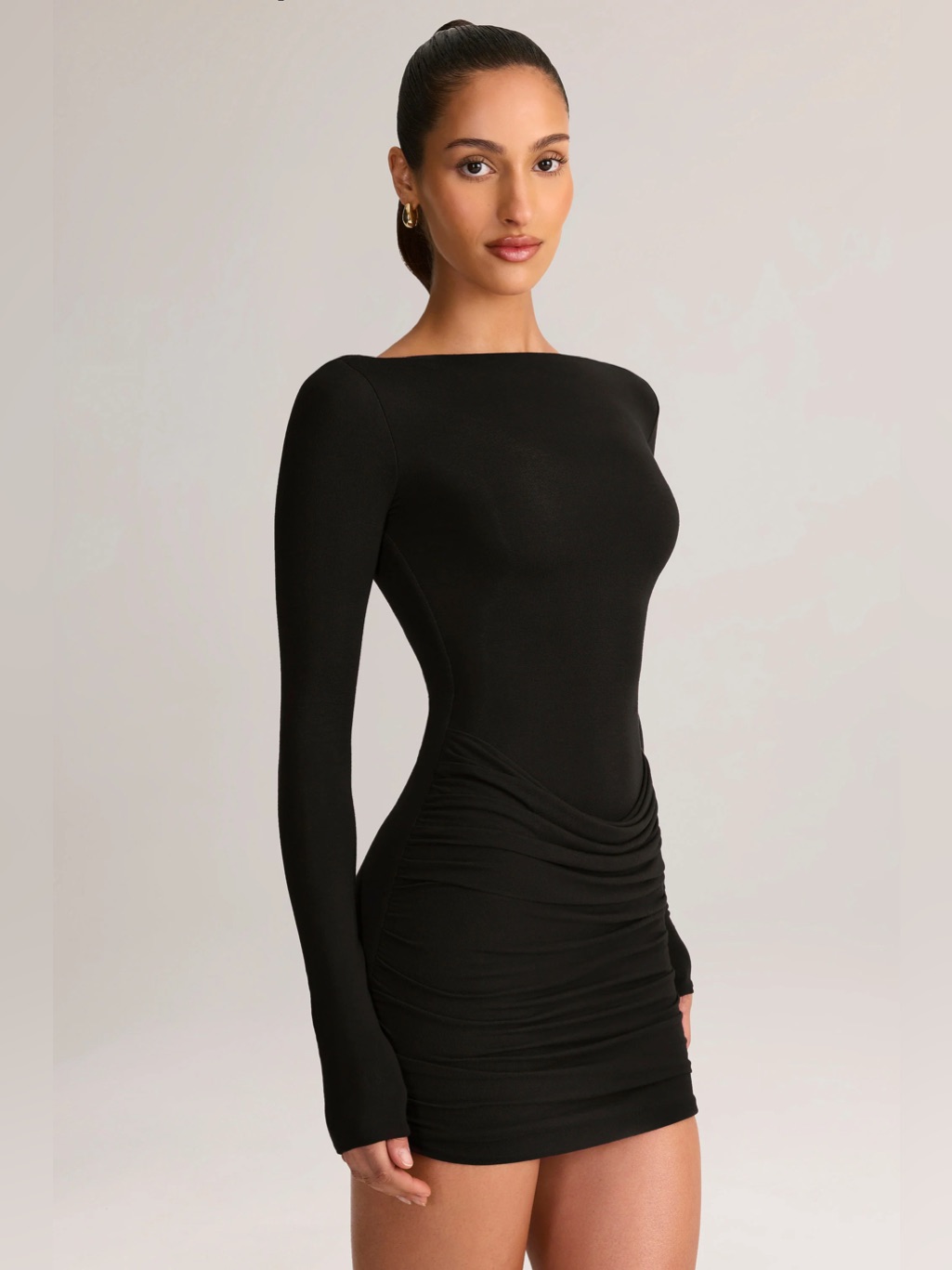 Nwt Oh Polly Modal Long Sleeve Black Ruched Bodycon Dress Draped Eska Mini Xs